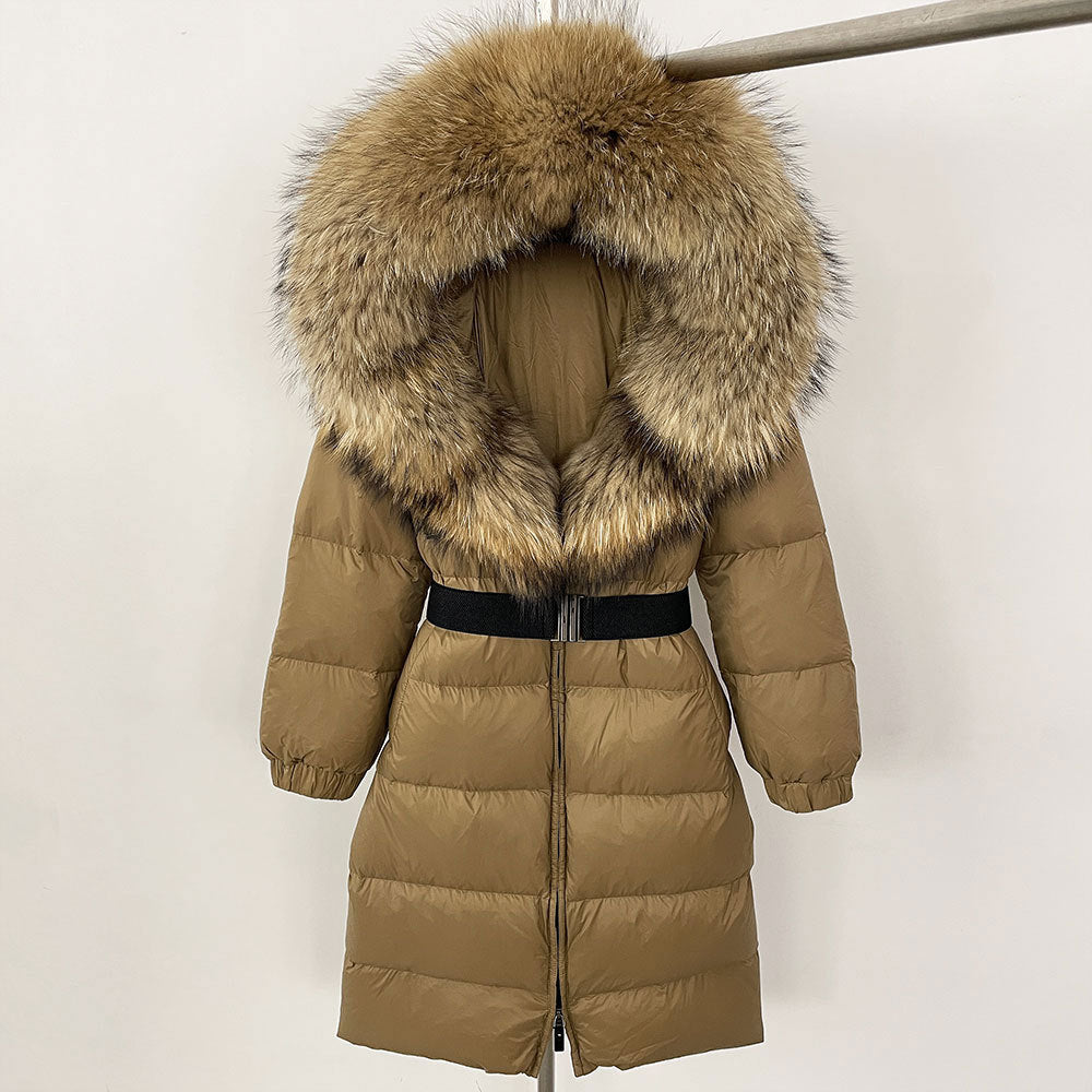 Brown puffer jacket with fur hood on a white background