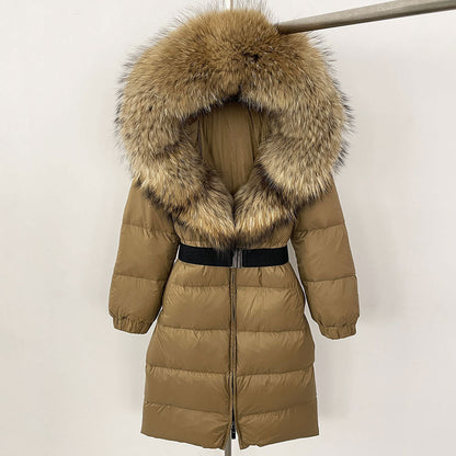 Brown puffer jacket with fur hood on a white background