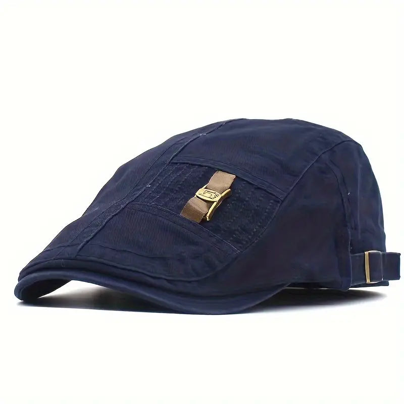 Navy blue cap with a gold buckle on a white background