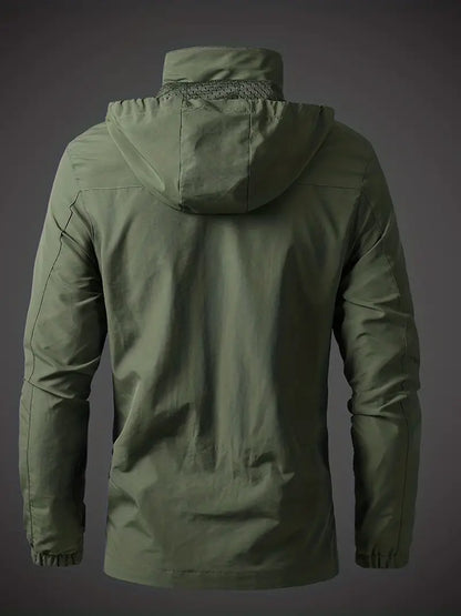 Green jacket with a hood on a dark gray background