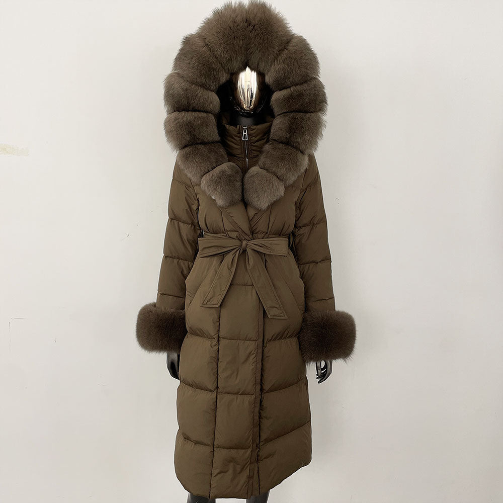 Brown puffer coat with fur trim on a white background