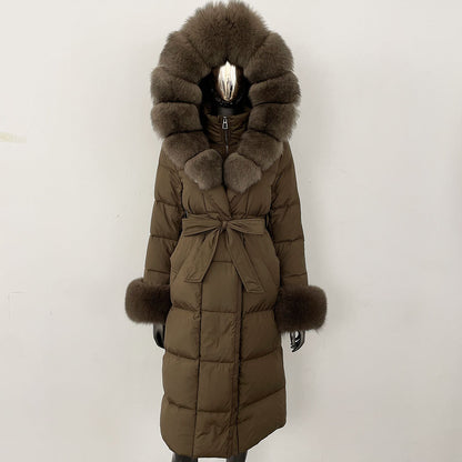 Brown puffer coat with fur trim on a white background