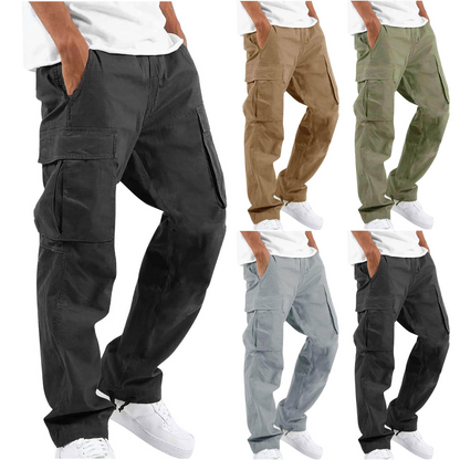 Collage of six pairs of cargo pants in different colors on a white background.