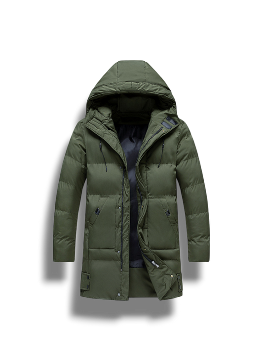 Gruba Długa Kurtka Puchowa z Kapturem i Kieszeniami (Męska)