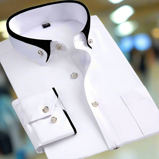 White dress shirt with black collar and cuffs on a blurred background