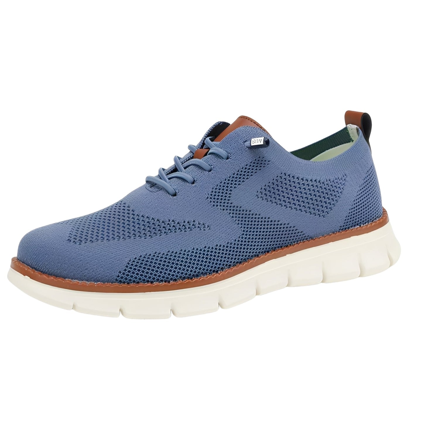 Blue sneaker with brown accents on a white background