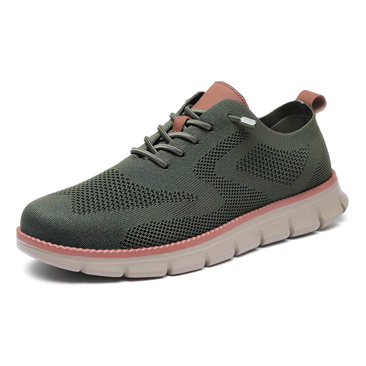 Green athletic shoe with brown accents on a white background