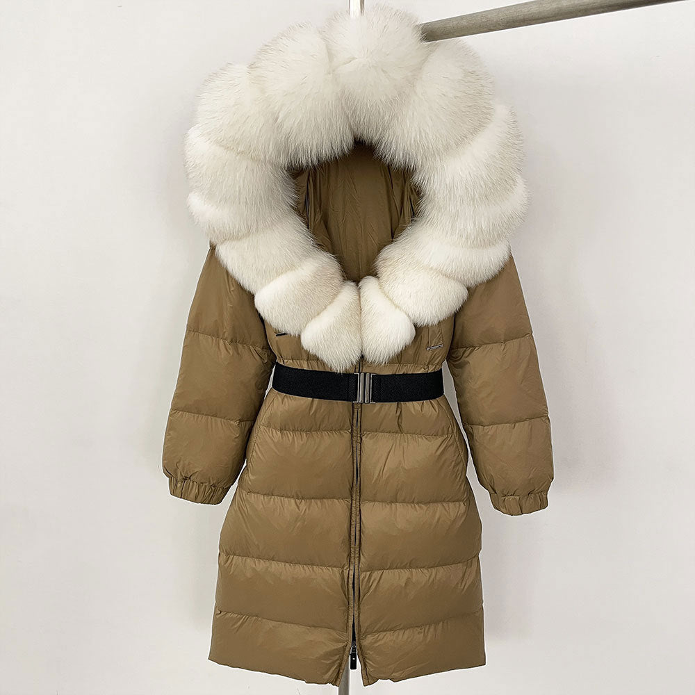 Brown puffer coat with white fur hood on a white background