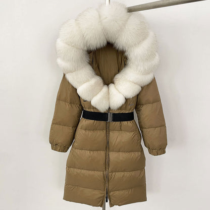 Brown puffer coat with white fur hood on a white background