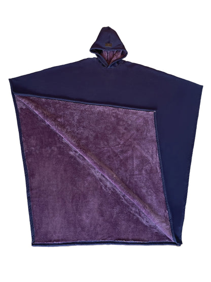 Folded purple hooded towel on a white background