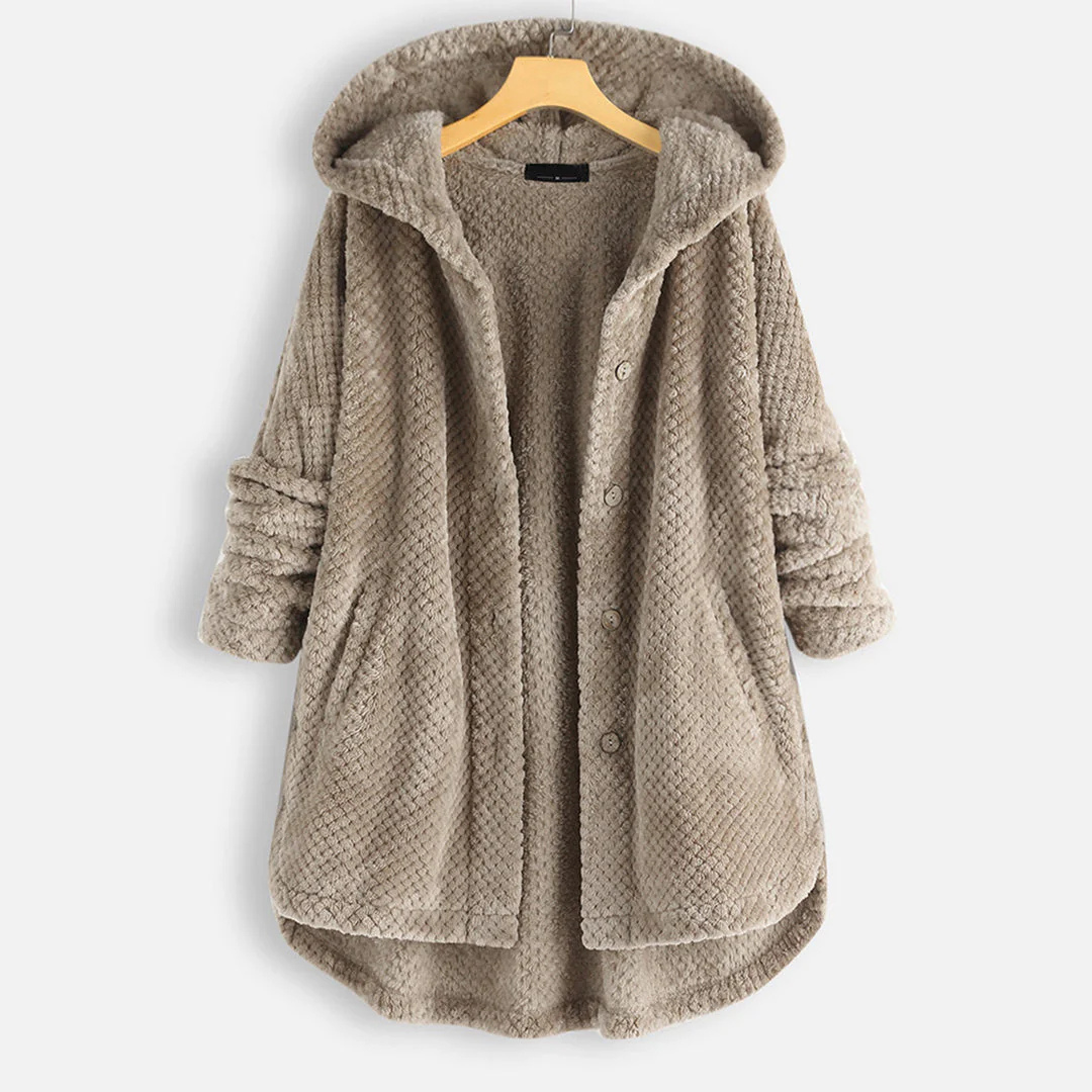 Beige hooded coat on a hanger against a white background