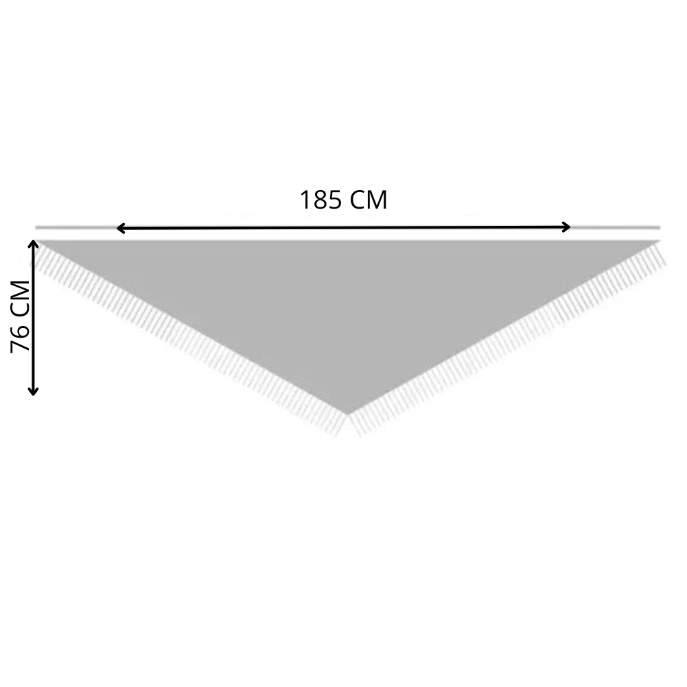 Measurement chart of a triangular fabric with dimensions 185 cm and 76 cm on a white background