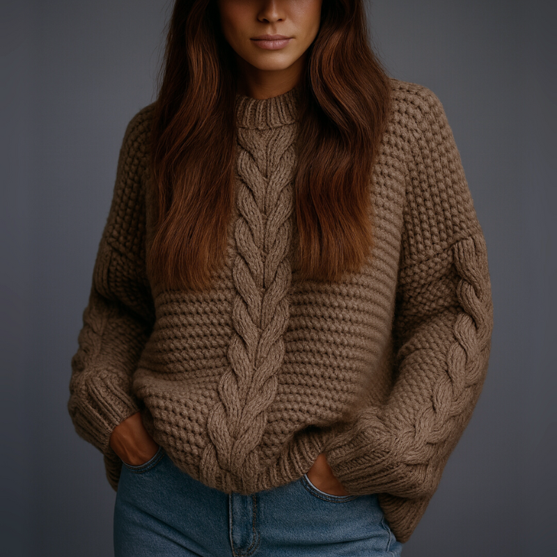 Person wearing a brown knitted sweater with a gray background