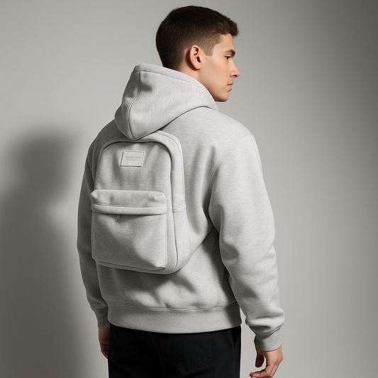 Person wearing a light gray hoodie with a backpack on a gray background