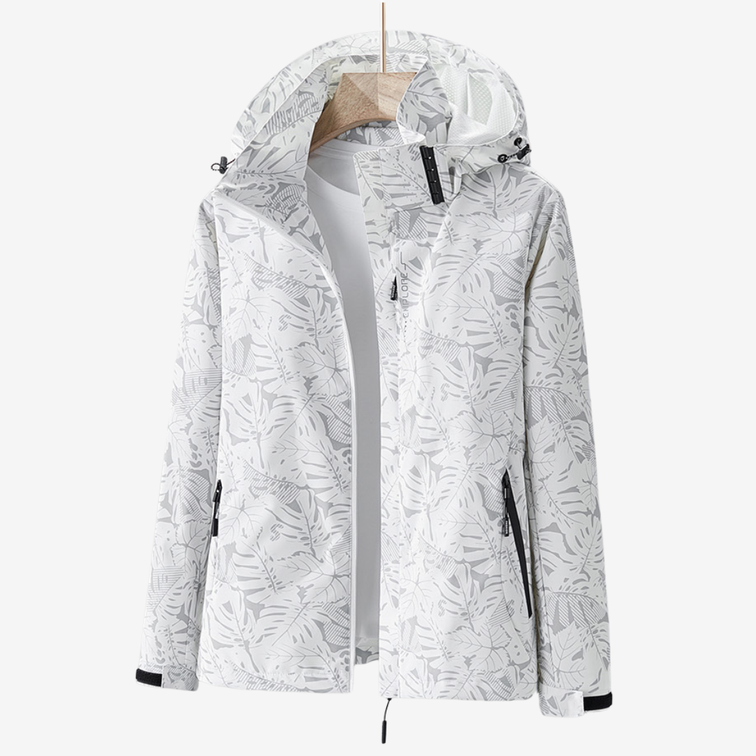 White jacket with black leaf pattern on a white background