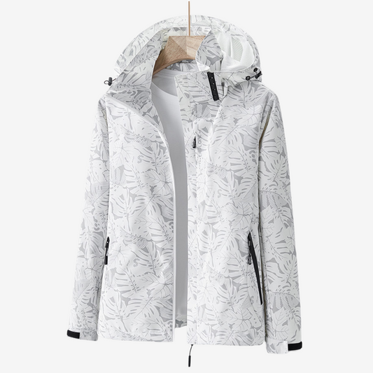 White jacket with black leaf pattern on a white background