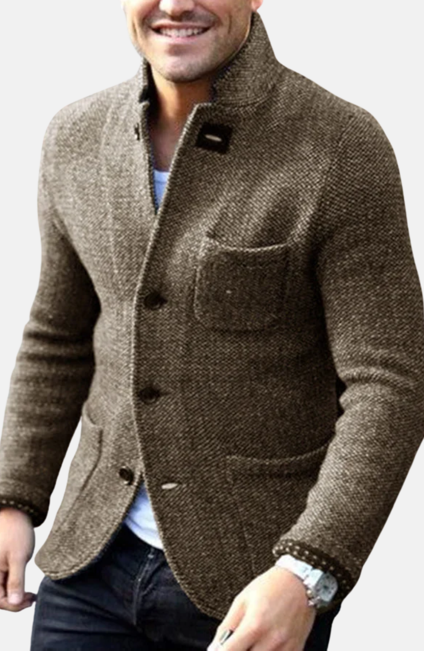 Man wearing a brown textured jacket on a white background
