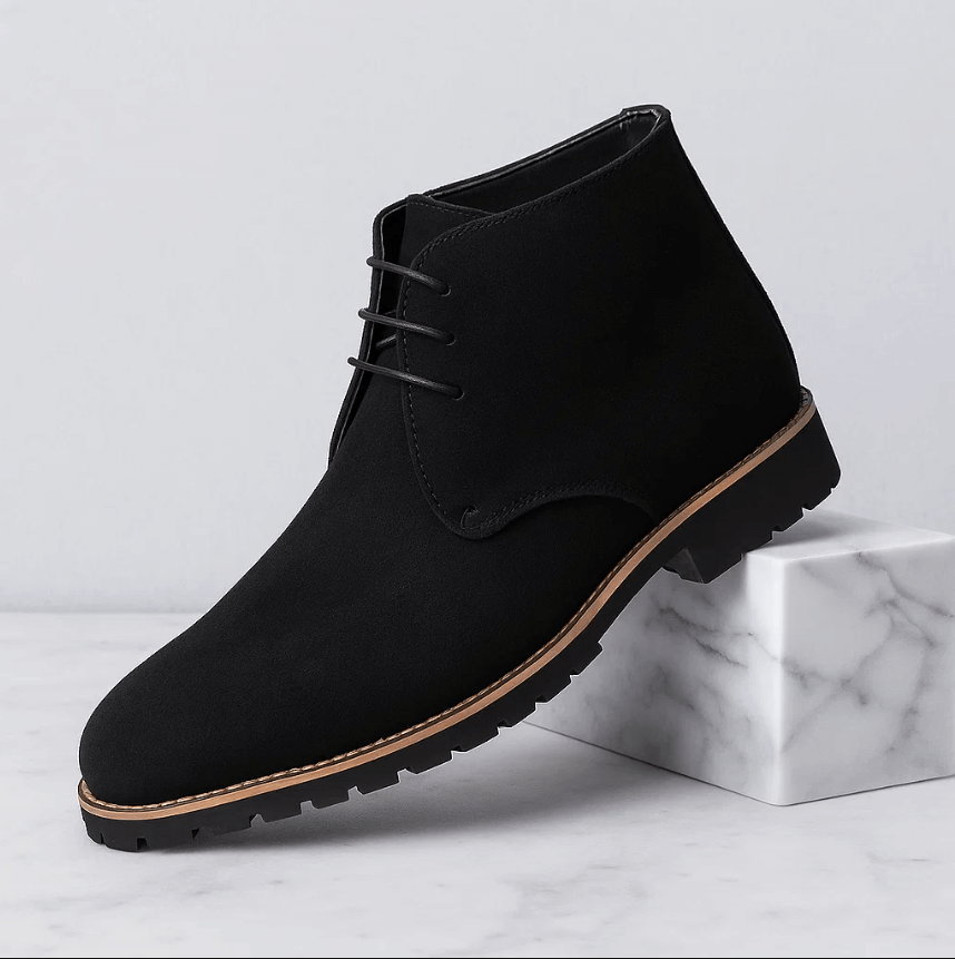 Black suede ankle boot on a light gray background