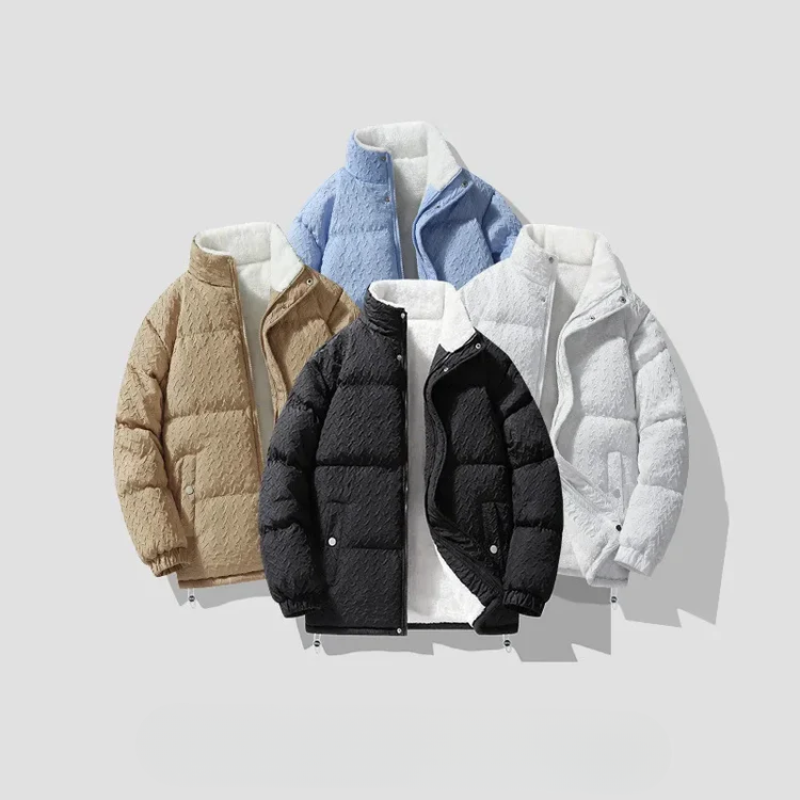 Four puffer jackets in different colors on a light gray background