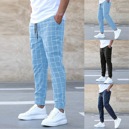 Collage of people wearing plaid pants with different patterns and white sneakers.