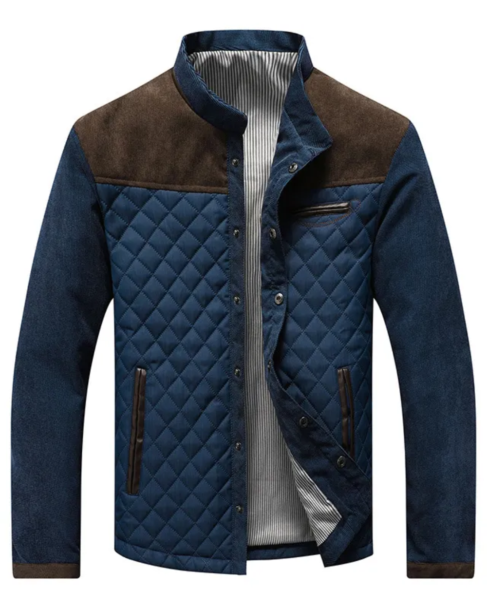 Blue quilted jacket with brown accents on a white background