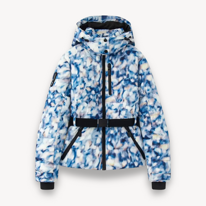Blue and white patterned jacket on a white background