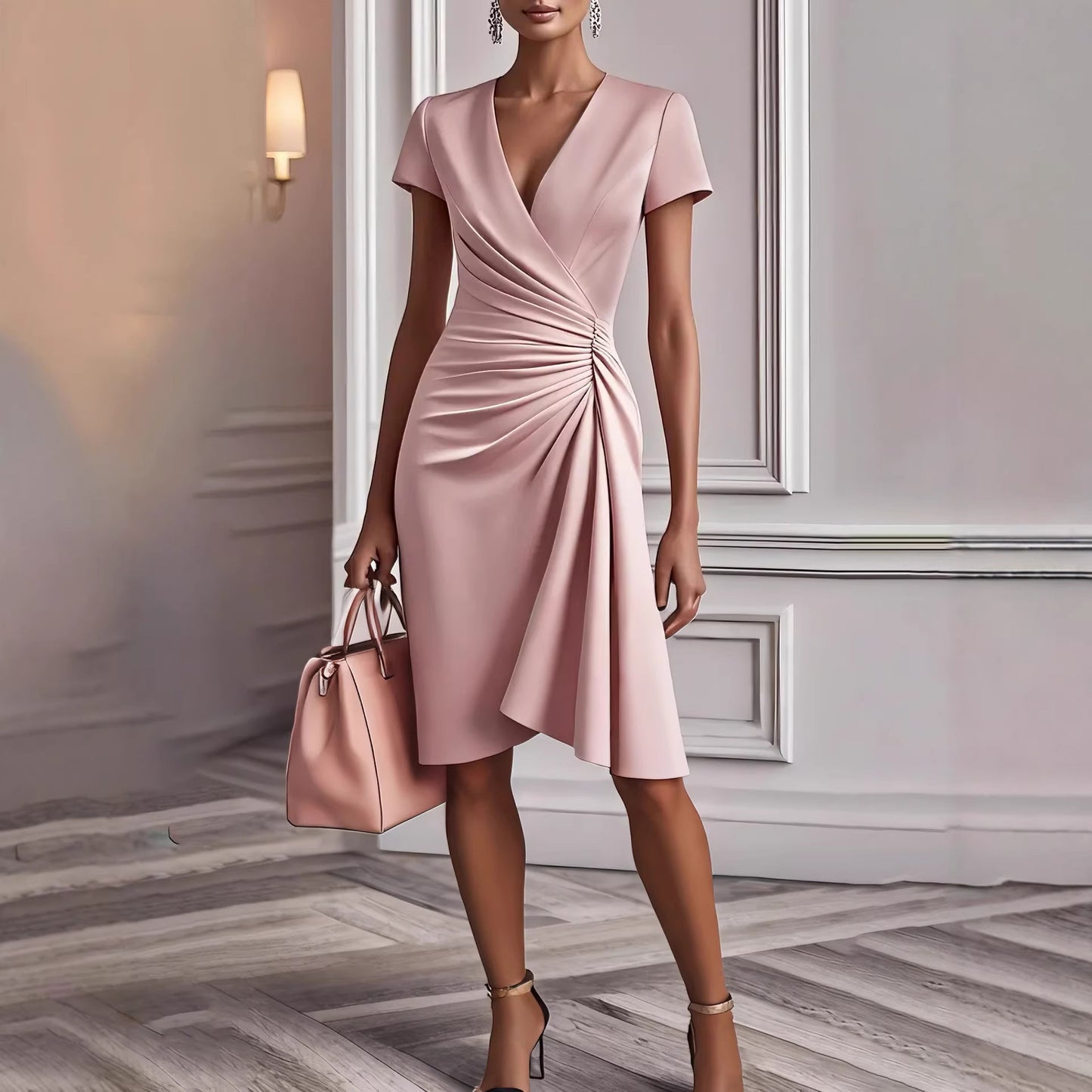 Damska Letnia Sukienka Midi z Dekoltem V i Drapowaniem Krótki Rękaw