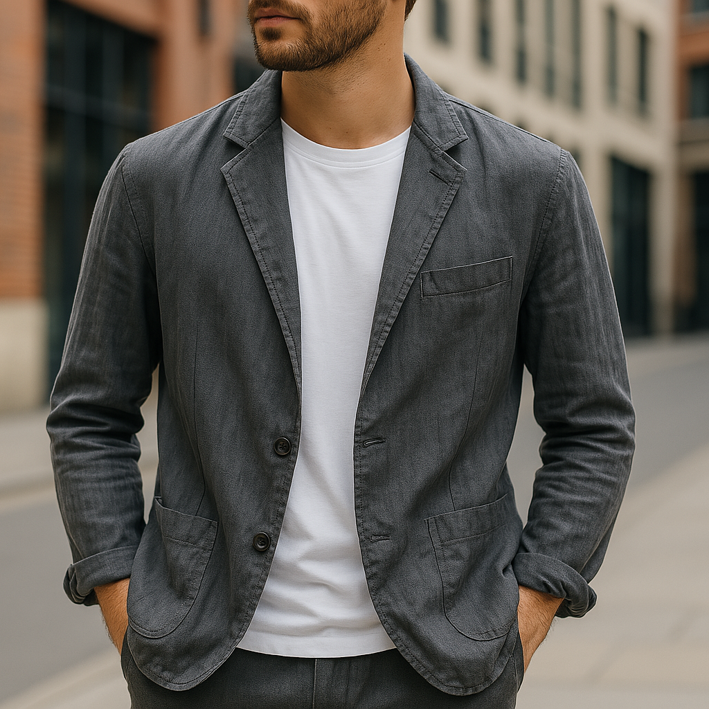 Man wearing a gray blazer over a white shirt with a blurred city street background