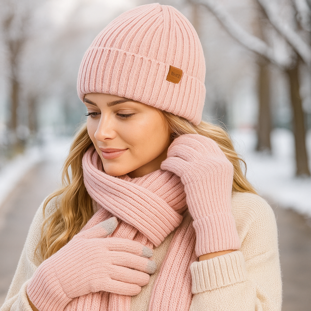 Woman wearing pink knit hat, scarf, and gloves in a snowy setting