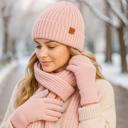 Woman wearing pink knit hat, scarf, and gloves in a snowy setting
