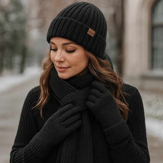 Woman wearing a black knit beanie and scarf in a snowy outdoor setting