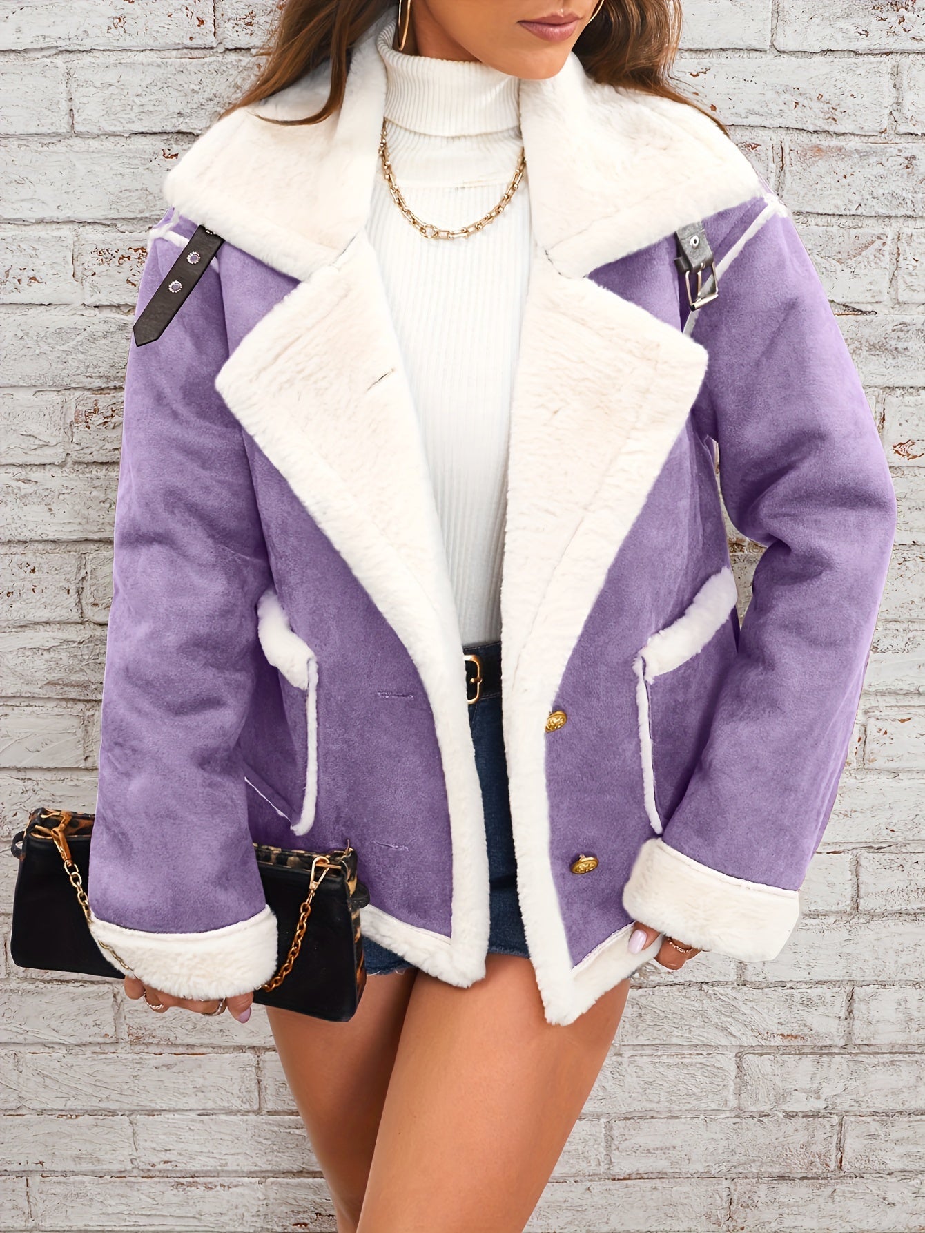Purple coat with white fur lining worn by a person against a light gray brick wall.