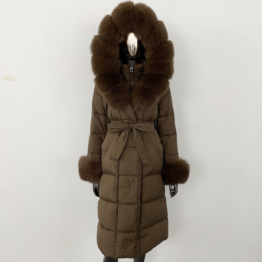 Brown puffer coat with fur hood and cuffs on a white background