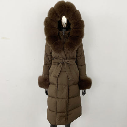 Brown puffer coat with fur hood and cuffs on a white background