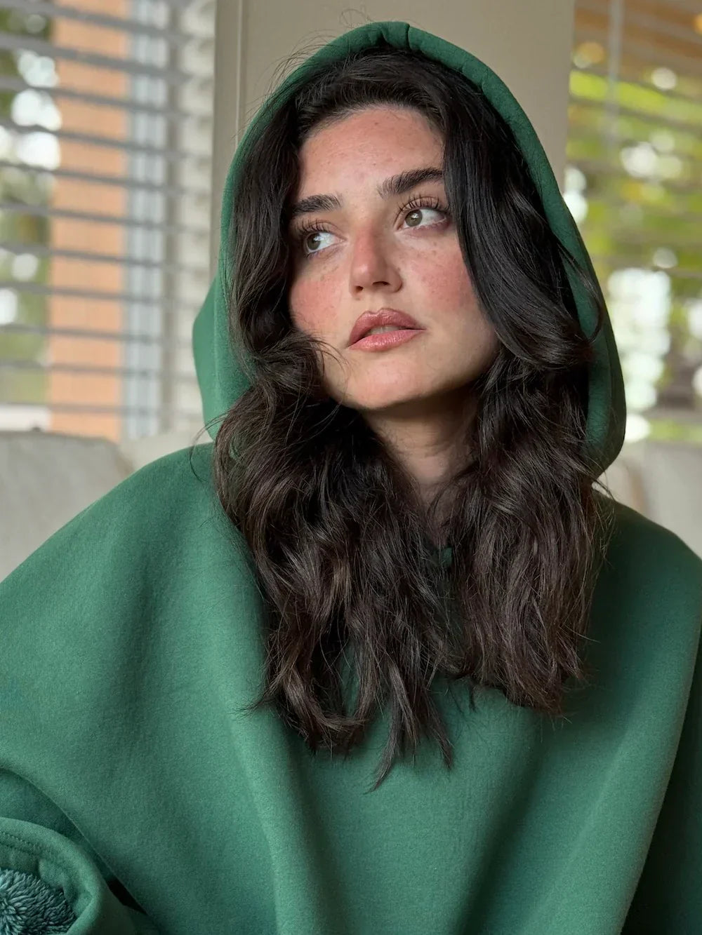 Person wearing a green hooded garment with a blurred indoor background