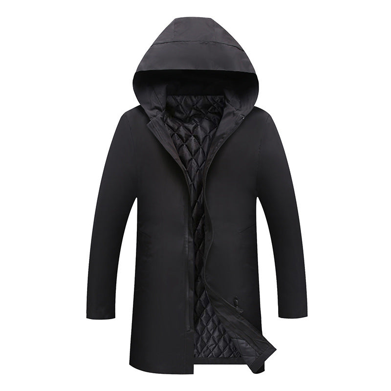 Black hooded coat with quilted lining on a white background