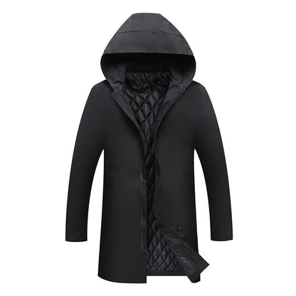 Black hooded coat with quilted lining on a white background