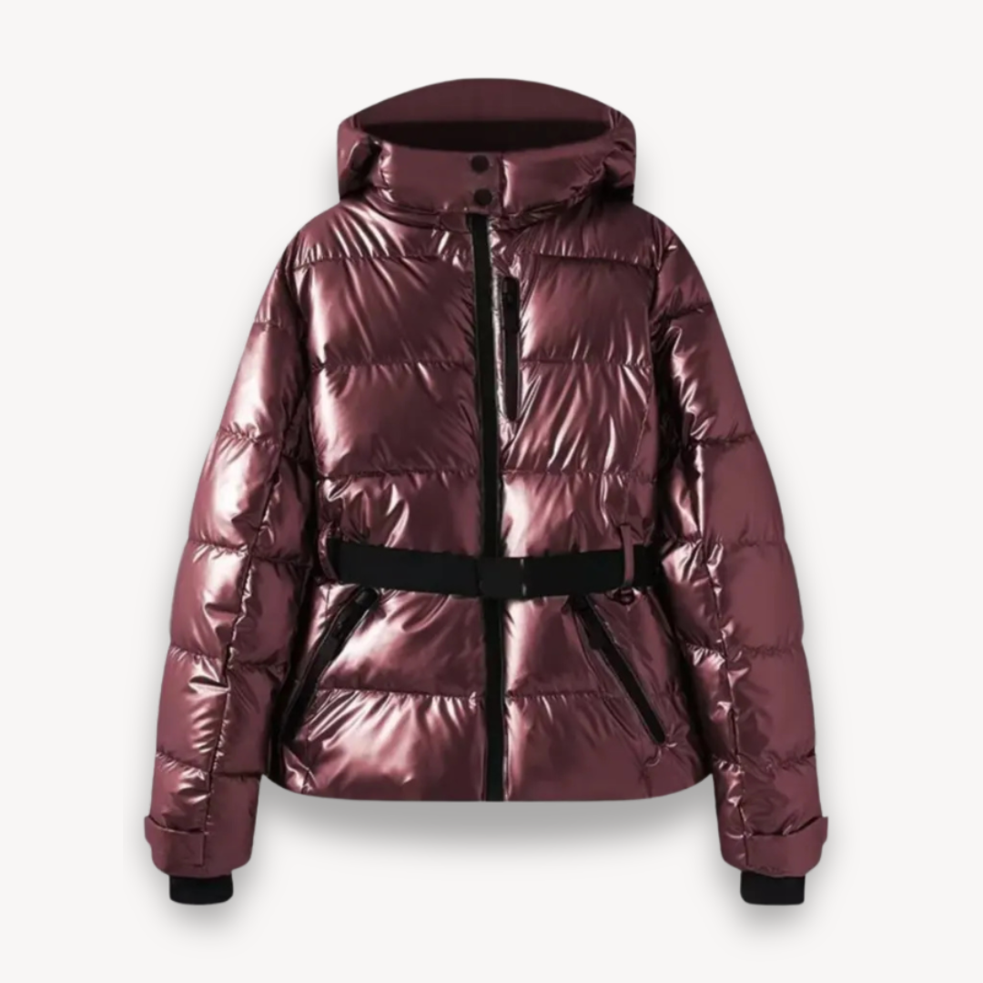Mauve puffer jacket with a belt on a white background