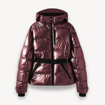 Mauve puffer jacket with a belt on a white background