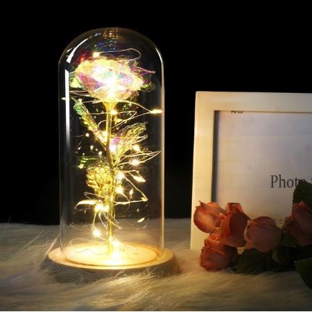 Rose inside a glass dome with LED lights on a dark background