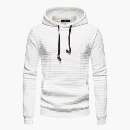 White textured hoodie with a black drawstring on a white background