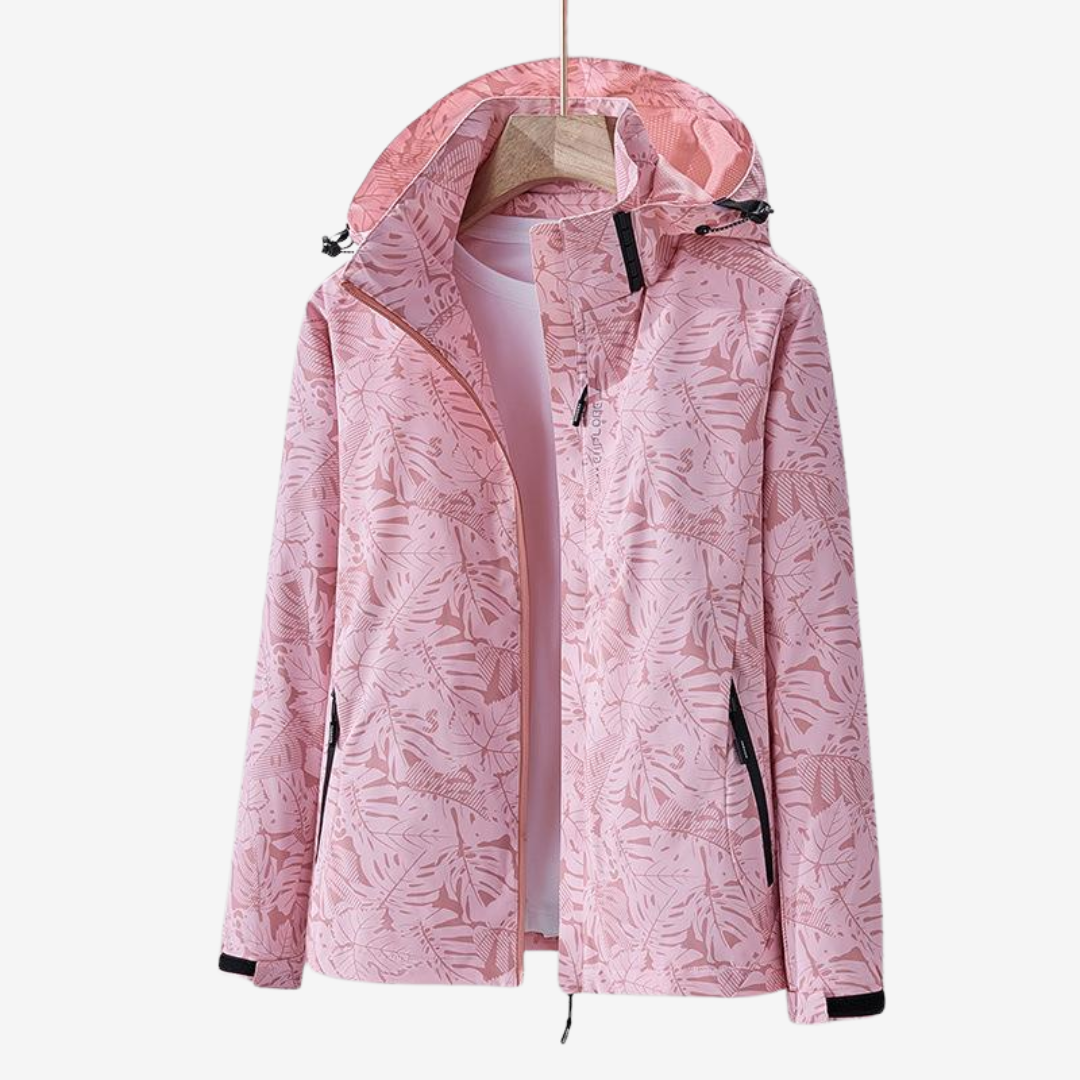 Pink jacket with leaf pattern on a white background