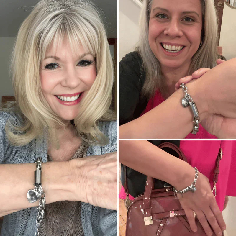 Collage of a woman wearing a silver bracelet with heart charms, smiling and holding a handbag.
