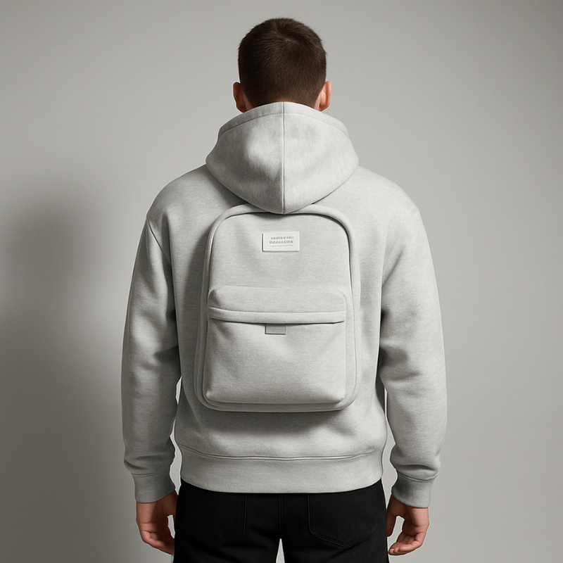 Person wearing a gray hoodie with a matching backpack on a plain background