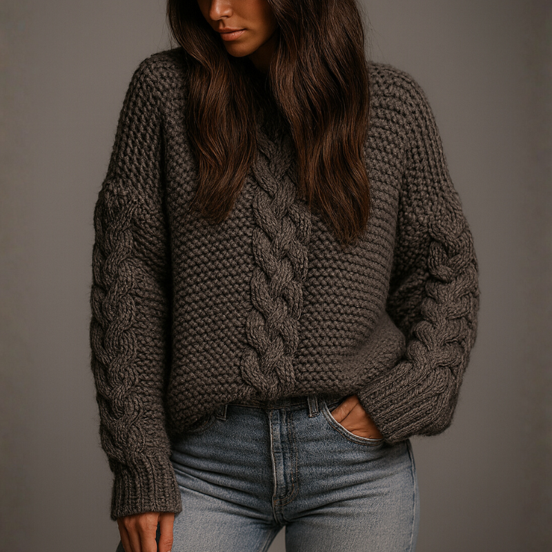 Person wearing a chunky knit sweater and jeans against a plain background