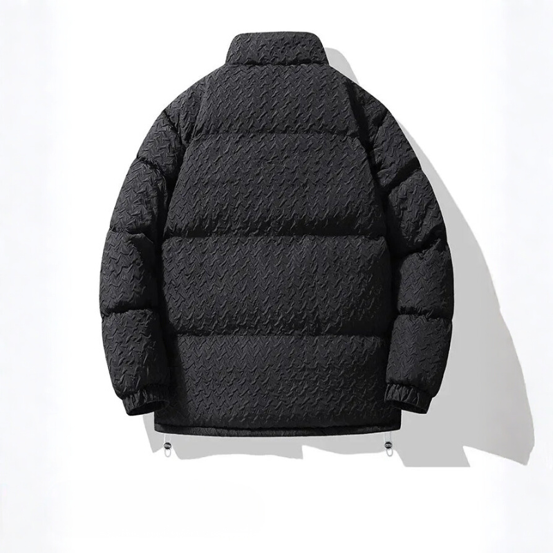 Black puffer jacket shown from the back on a white background