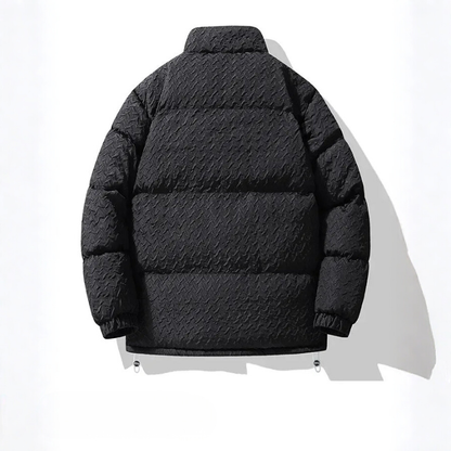 Black puffer jacket shown from the back on a white background