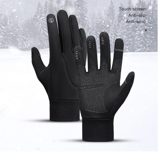 Black touchscreen gloves with text on a snowy background