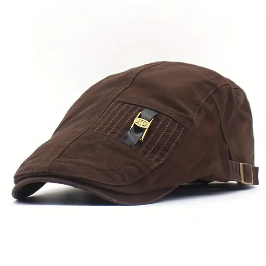 Brown cap with a gold buckle on a white background