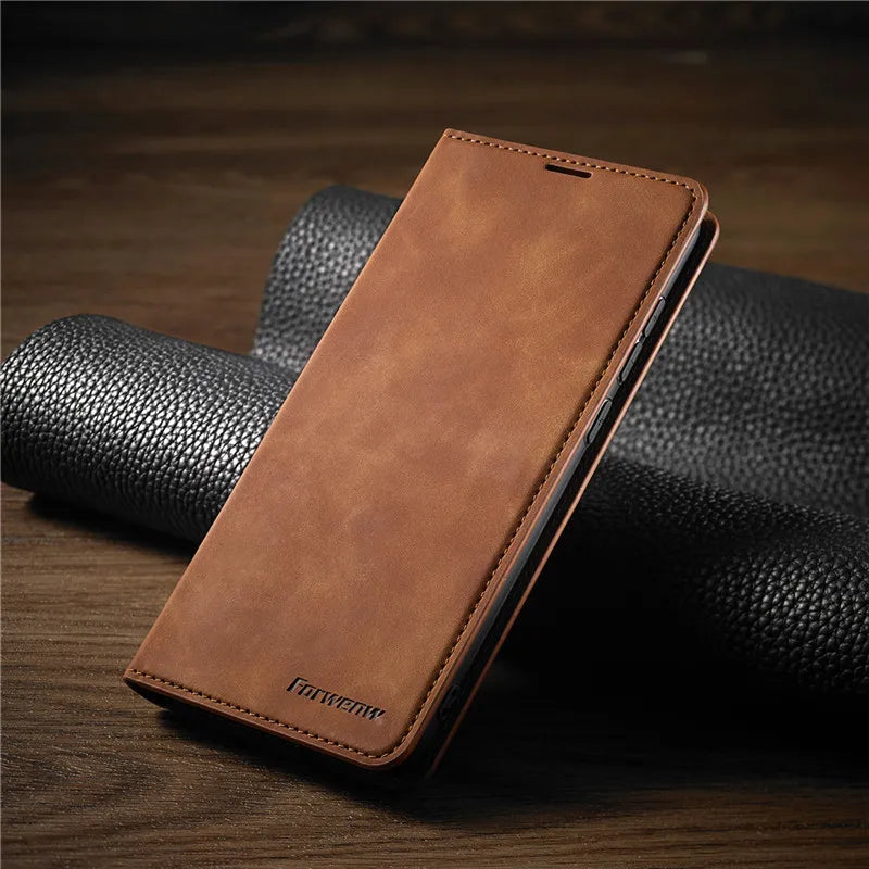 Brown leather phone case on a dark textured surface